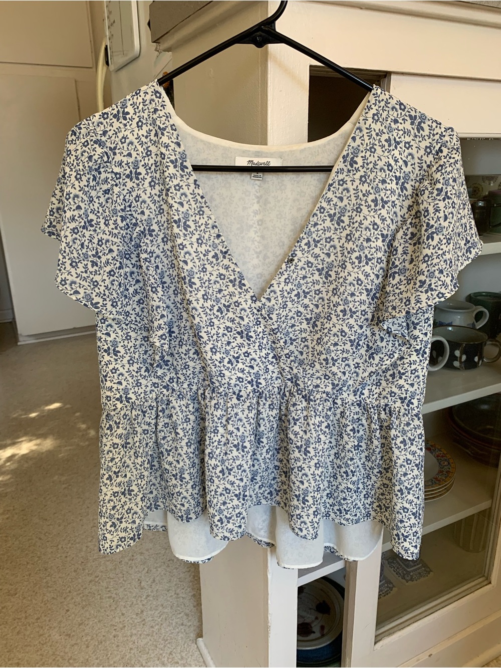 Madewell White and Blue Floral V-Neck Peplum Top